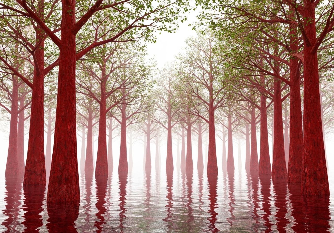 Vibrant Red Forest with Water Reflections