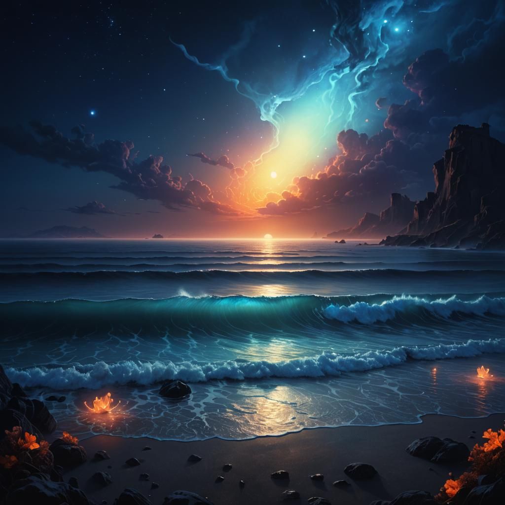 Bioluminescent Ocean: A Surrealist Fantasy in Vivid Colors
