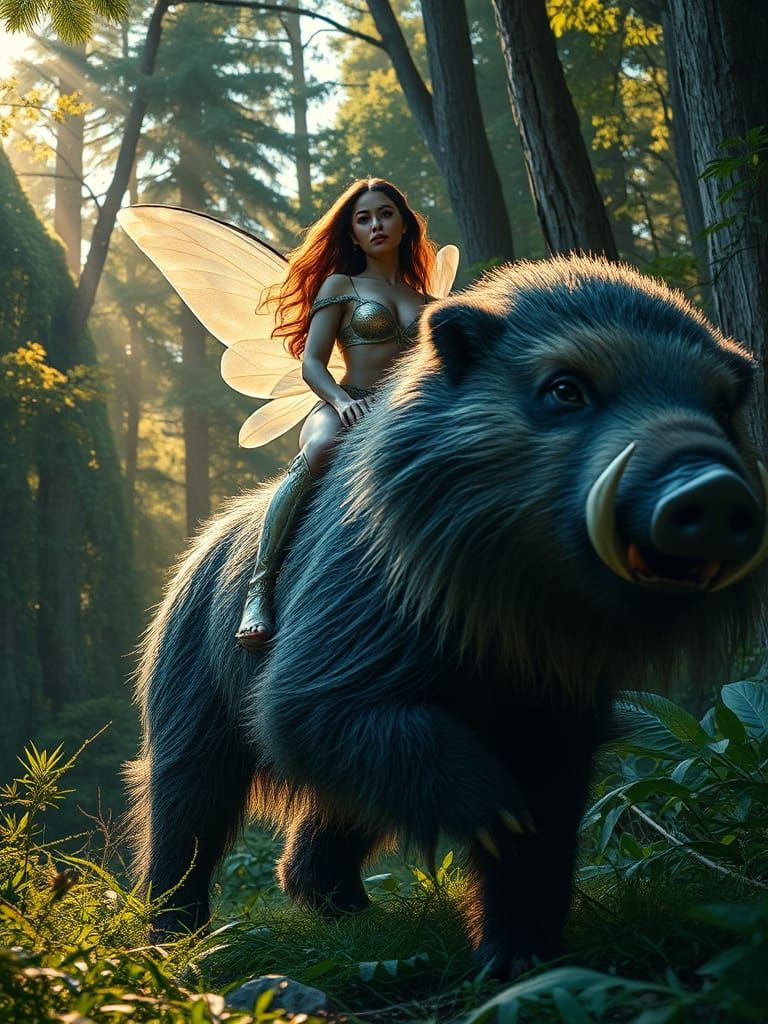 Fantasy Maiden Rides Majestic Wombat Iron Boar in Lush Fores...