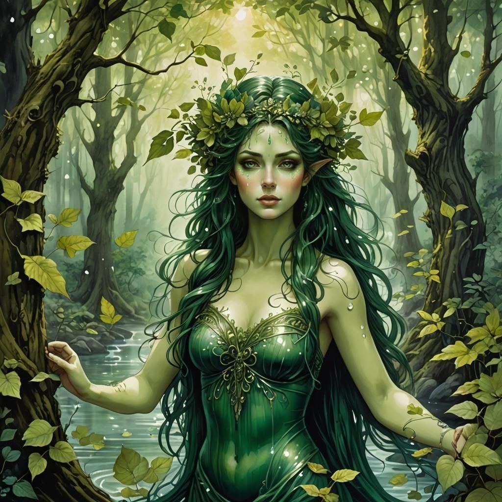 Beautiful Forest Dryad in Watercolor Style