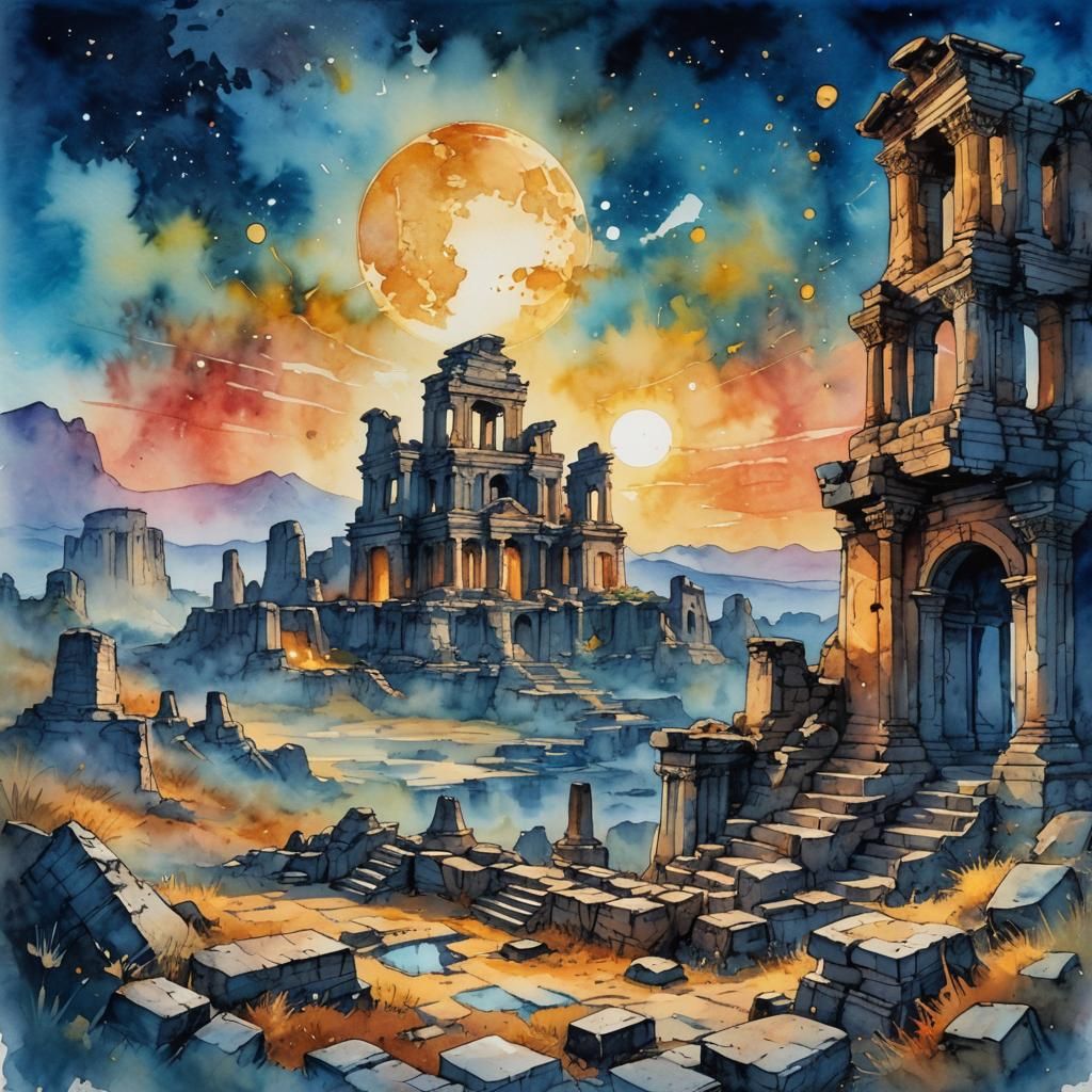Ink and Watercolor Ruins in Fantasy Landscape