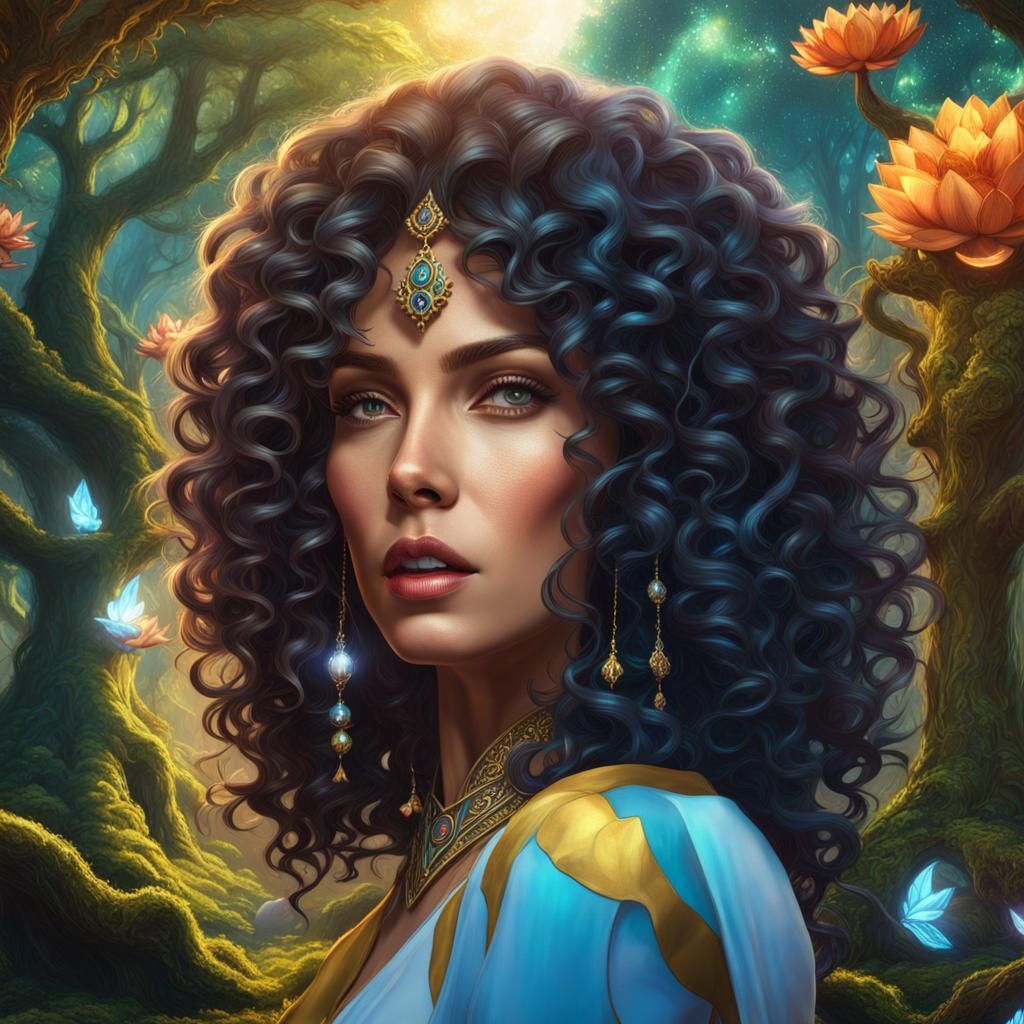 Mystical Woman Meditating in Forest, Detailed Matte Painting