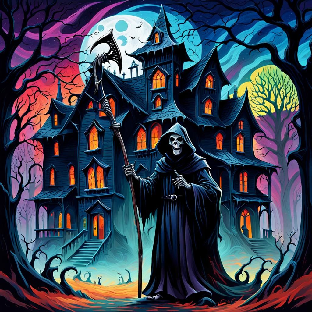 Gothic Grim Reaper Illustration in Impasto Gouache Style