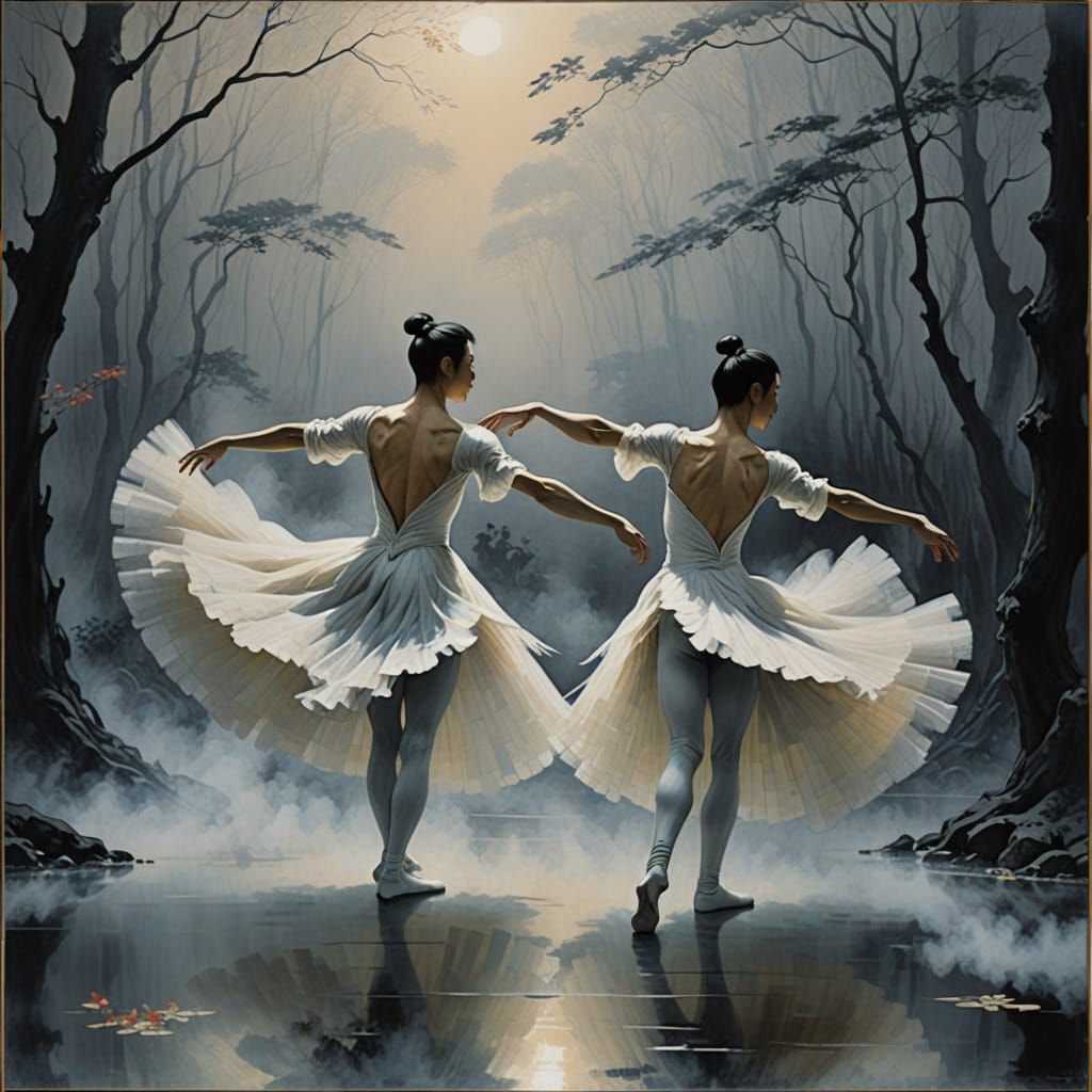 Ghostly Ballet Dancers in Smoke, Japanese Aesthetic
