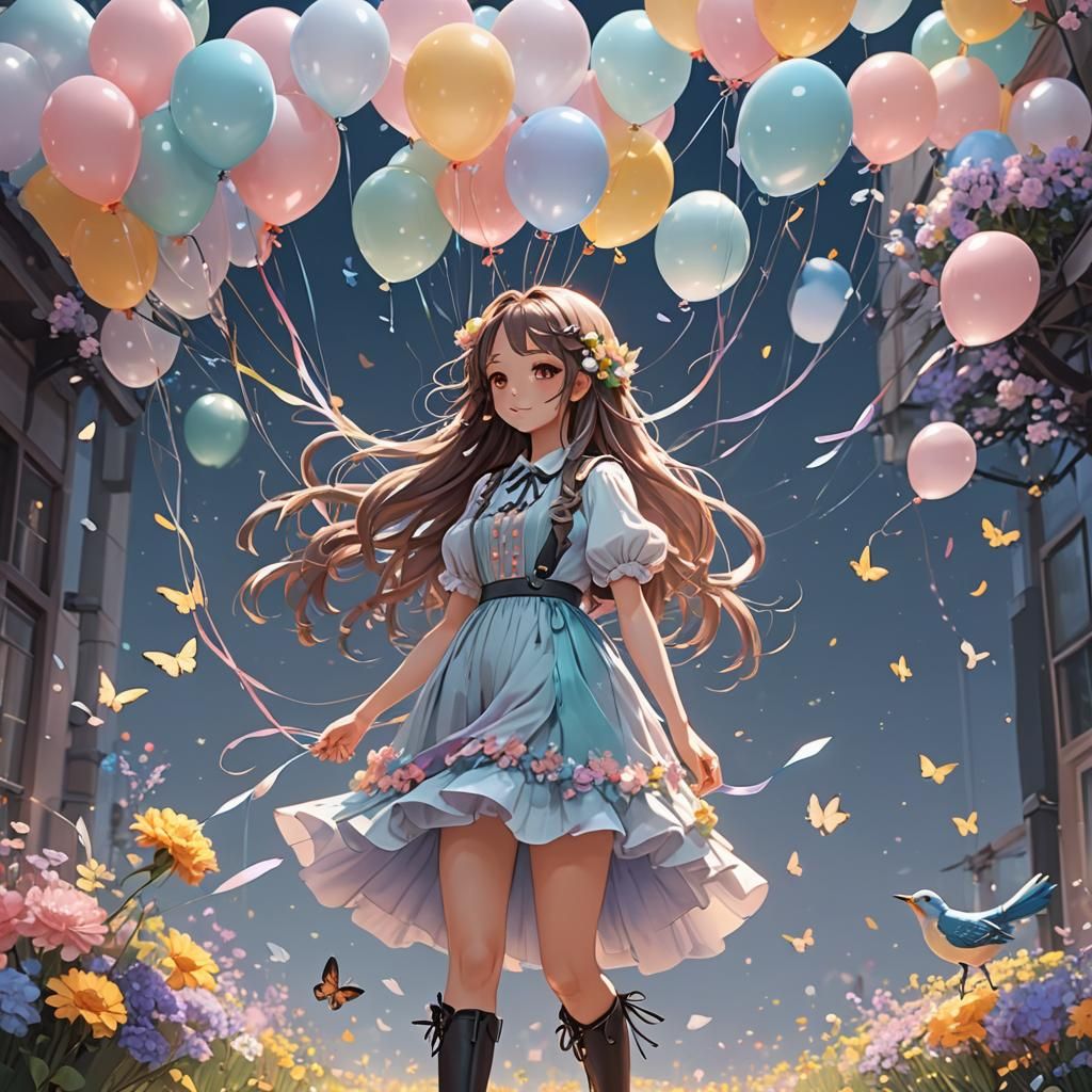 Anime Girl with Balloons and Flowers in 3D