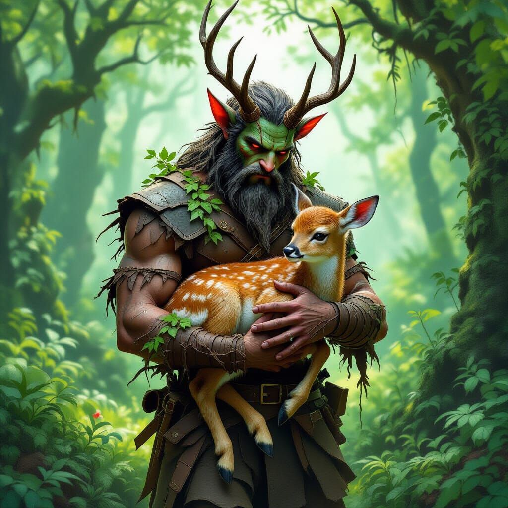 Magical Creature Caring for Fawn in Dreamlike Forest
