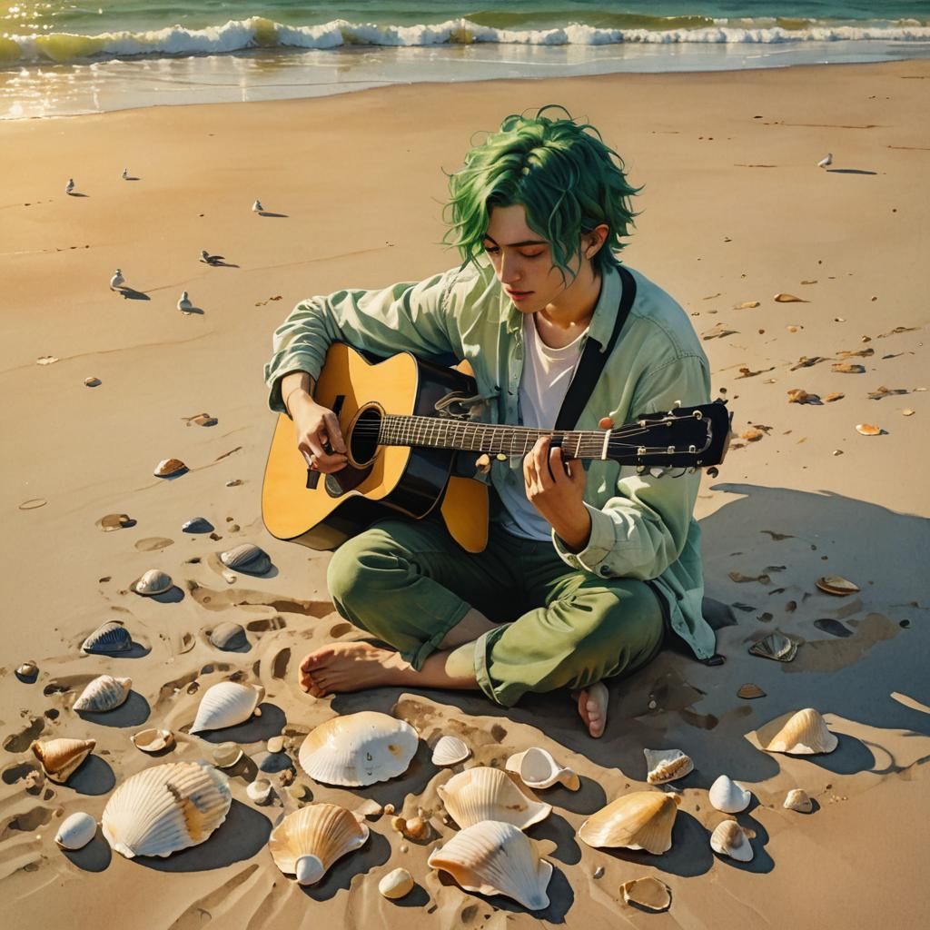 Teen with Guitar on Beach in Impressionistic Style