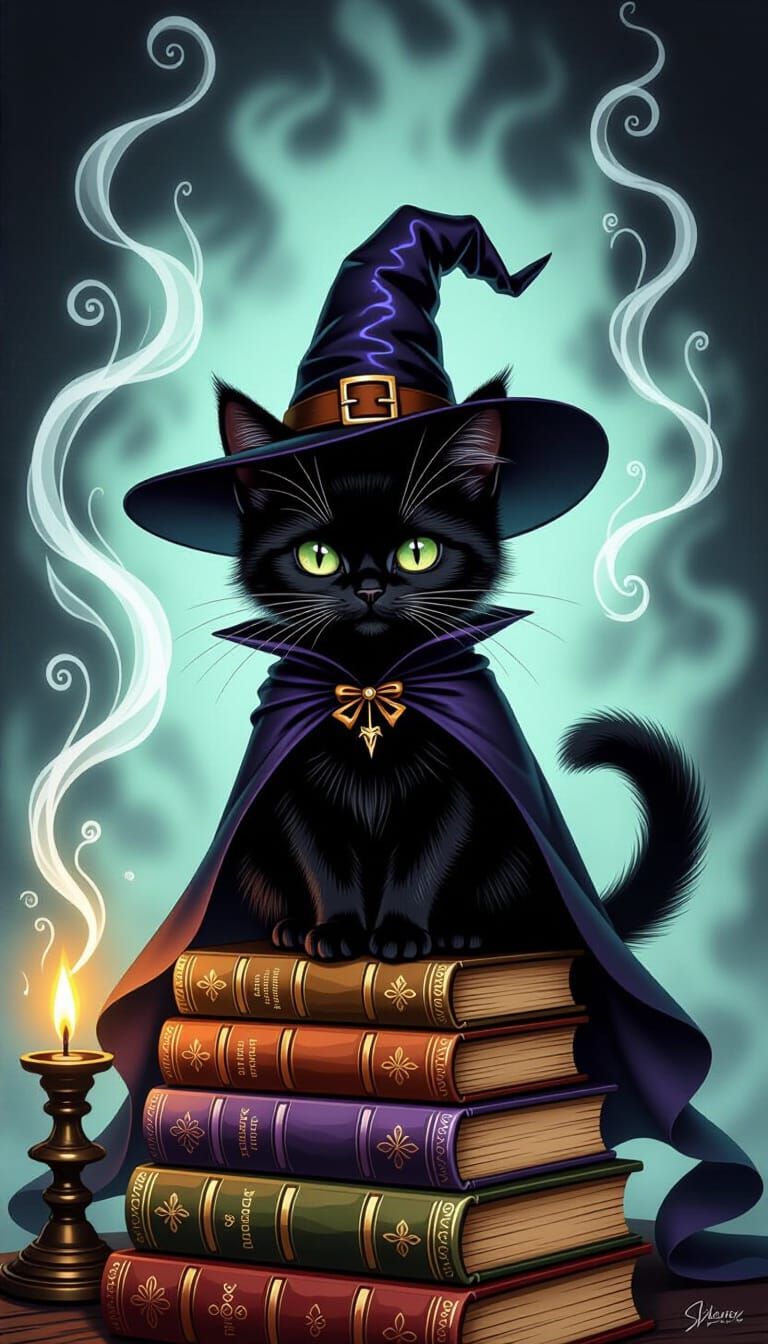 Enchanting Black Cat on Books in Dark Fantasy Style