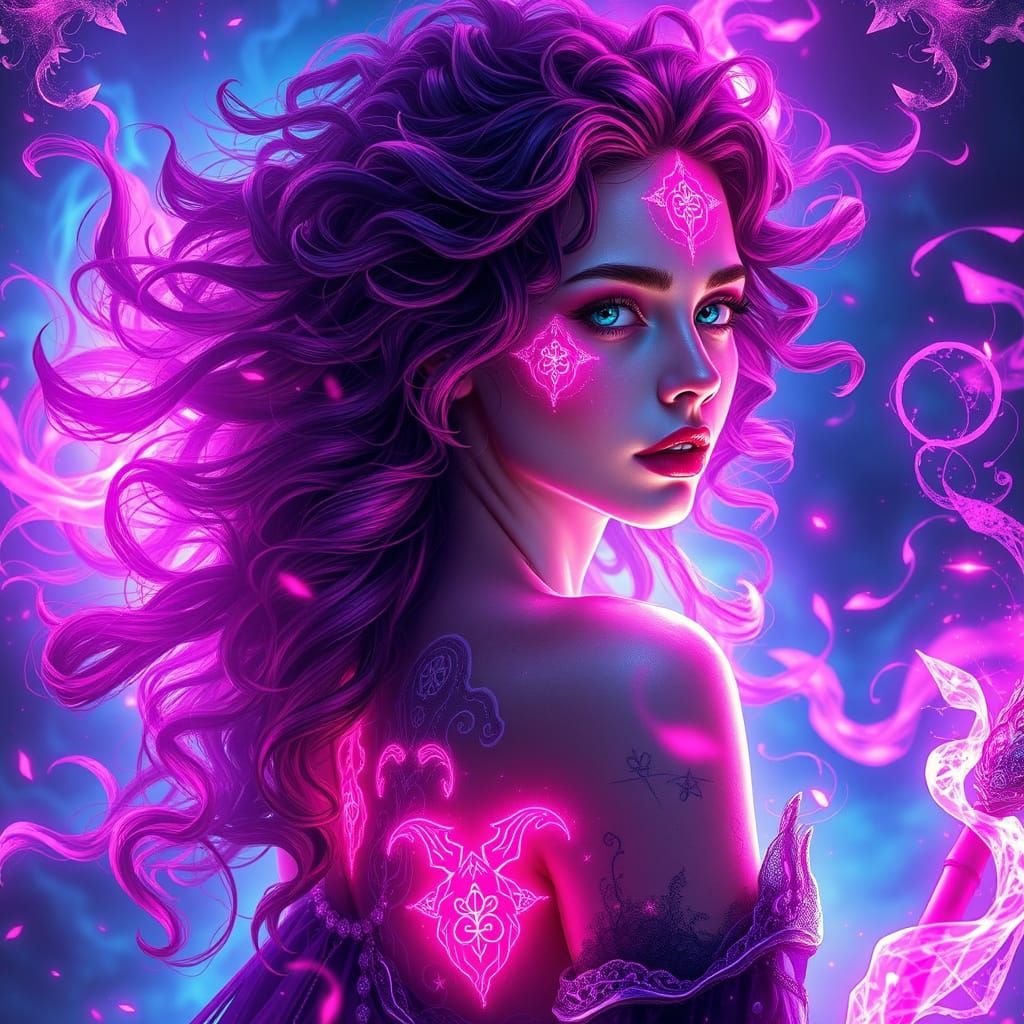 Enchanted Mage Queen in Ethereal, Neon-Lit Fantasy