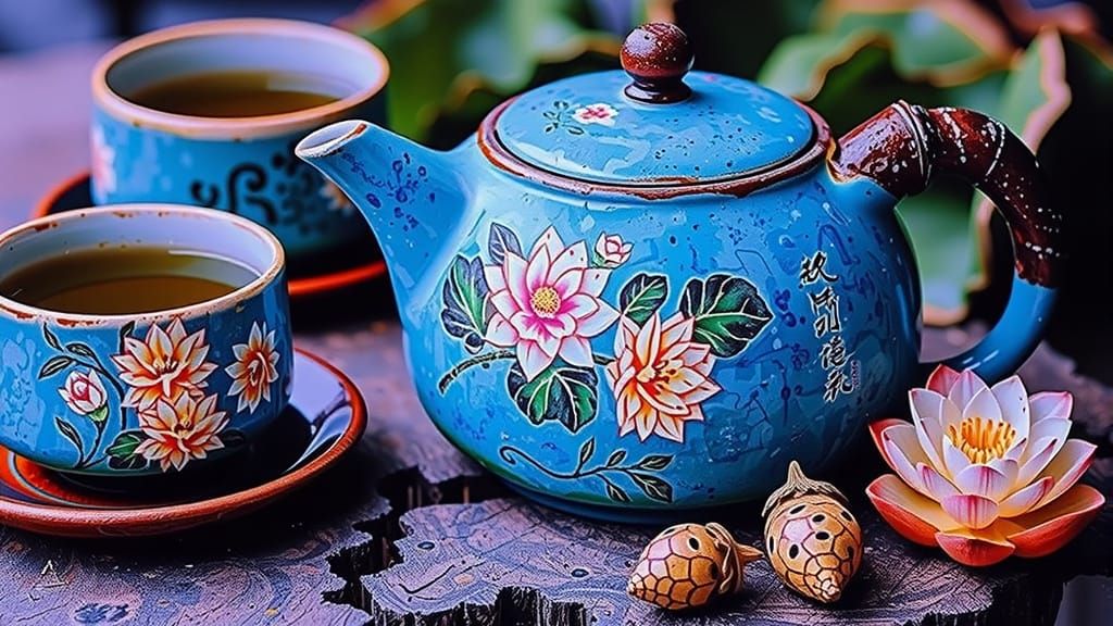 Vibrant Tea Set as Impasto Oil Painting