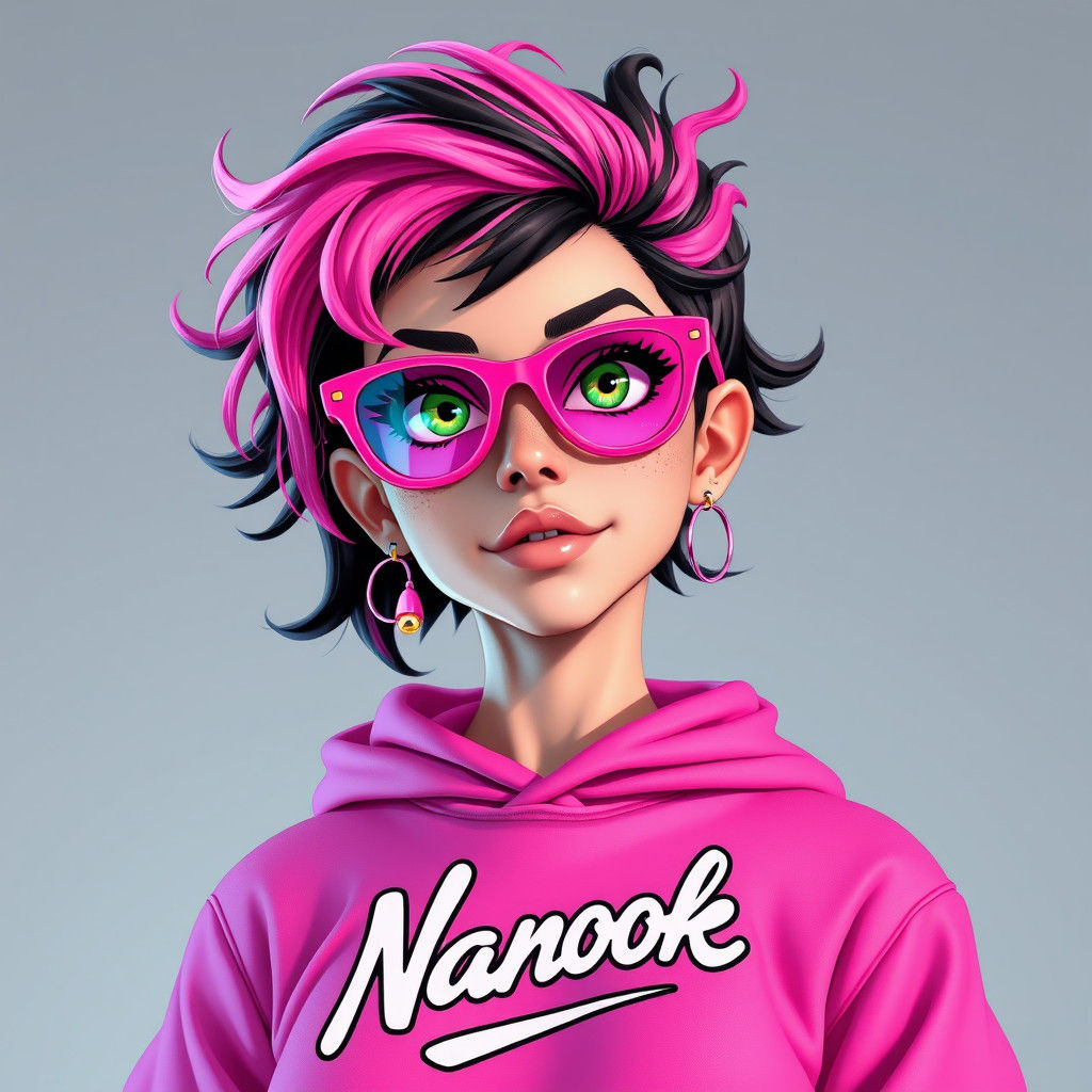 Eccentric Woman with Pink Hair in Digital Illustration