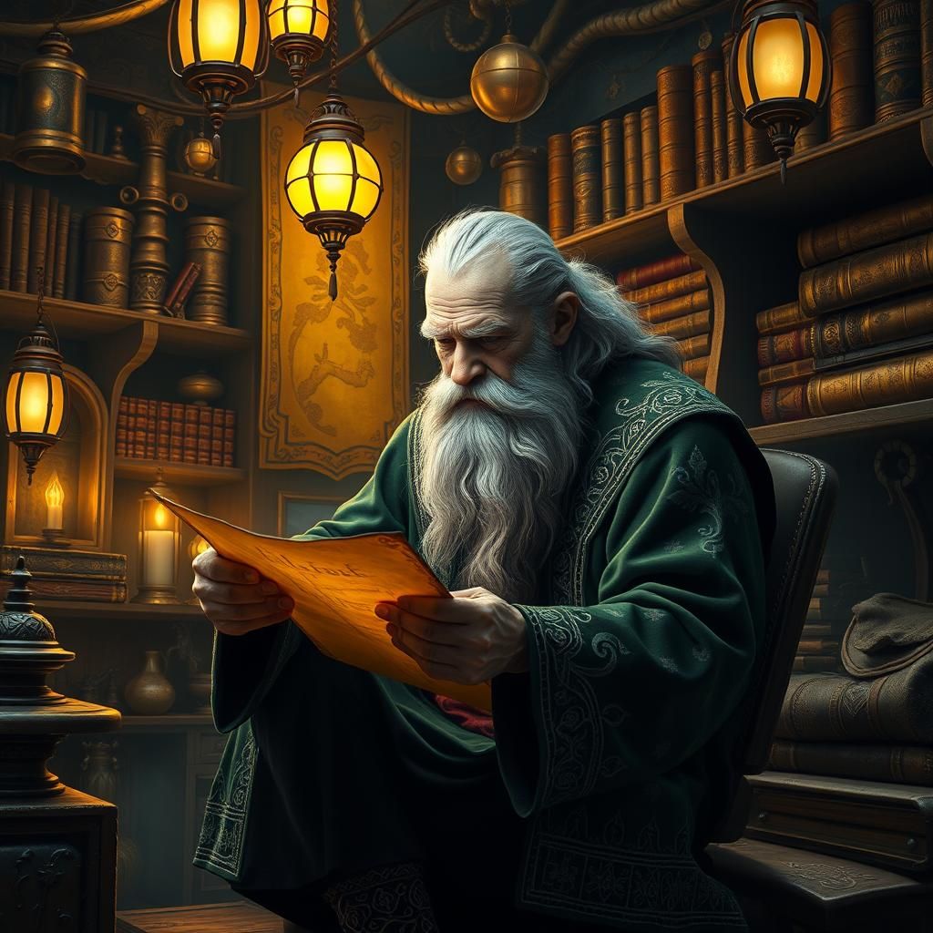 Mystical Wizard Reading Scroll in Art Nouveau Style
