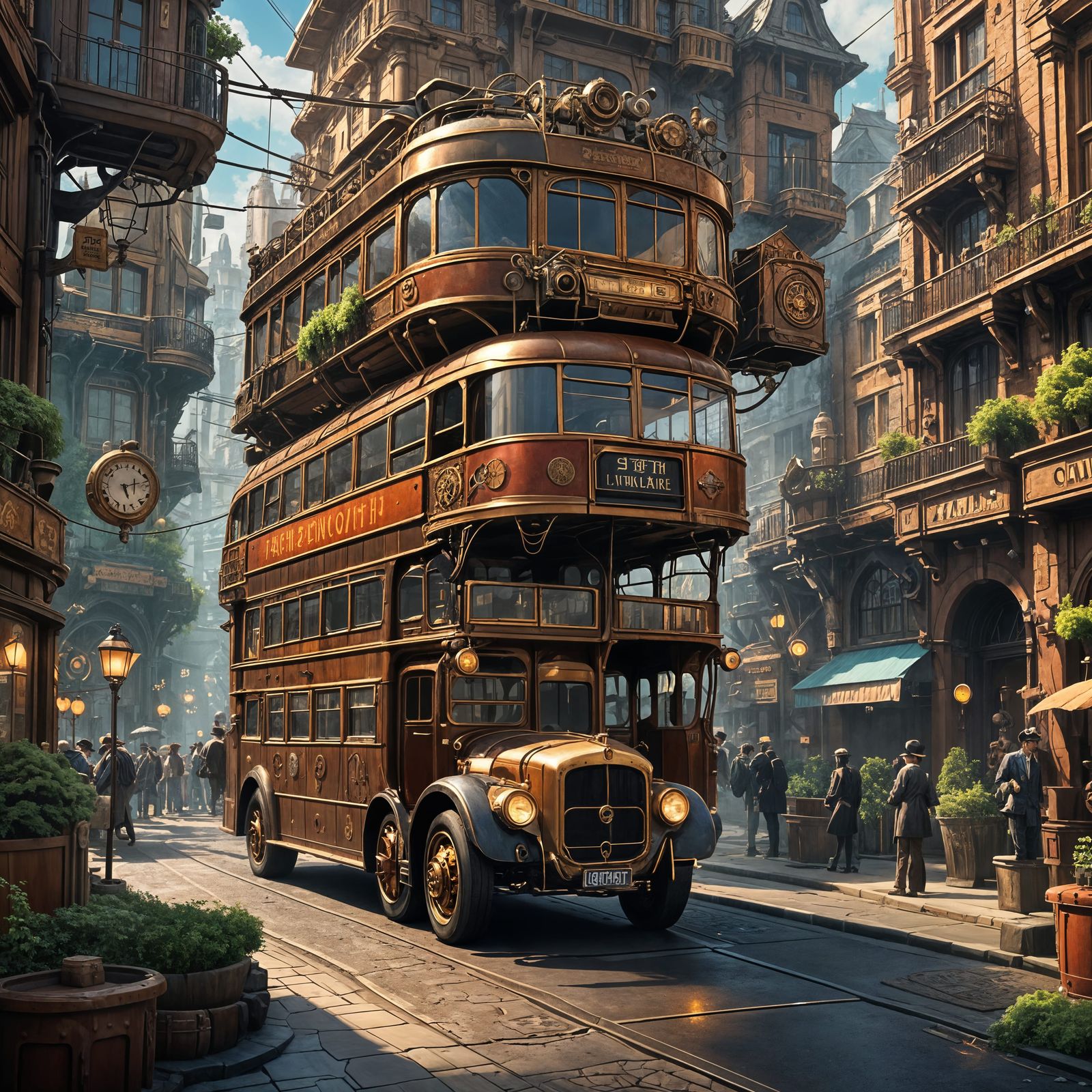 Steampunk Double-Decker Bus in Ghibli Style