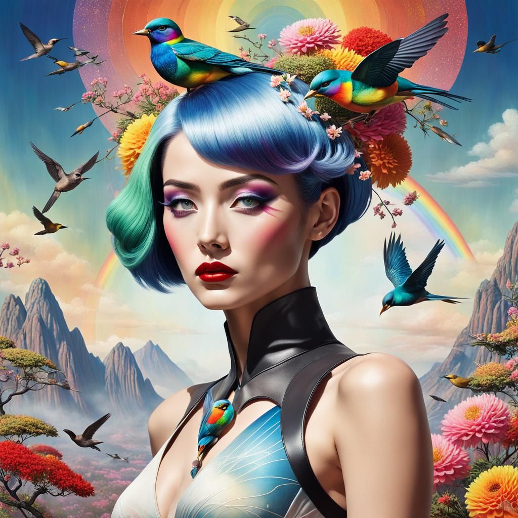 Ethereal Woman with Rainbow Hair in Surreal Setting