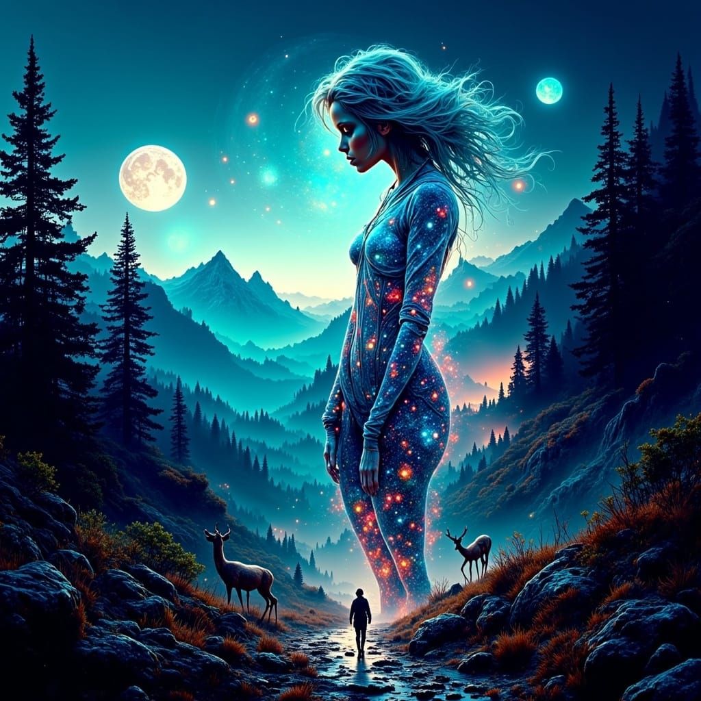 Ethereal Hiker: Double Exposure Mountain Dreamscape