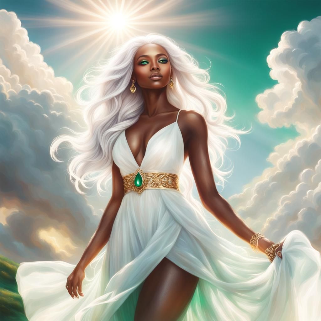 Divine Goddess with Emerald Eyes in Heavenly Light