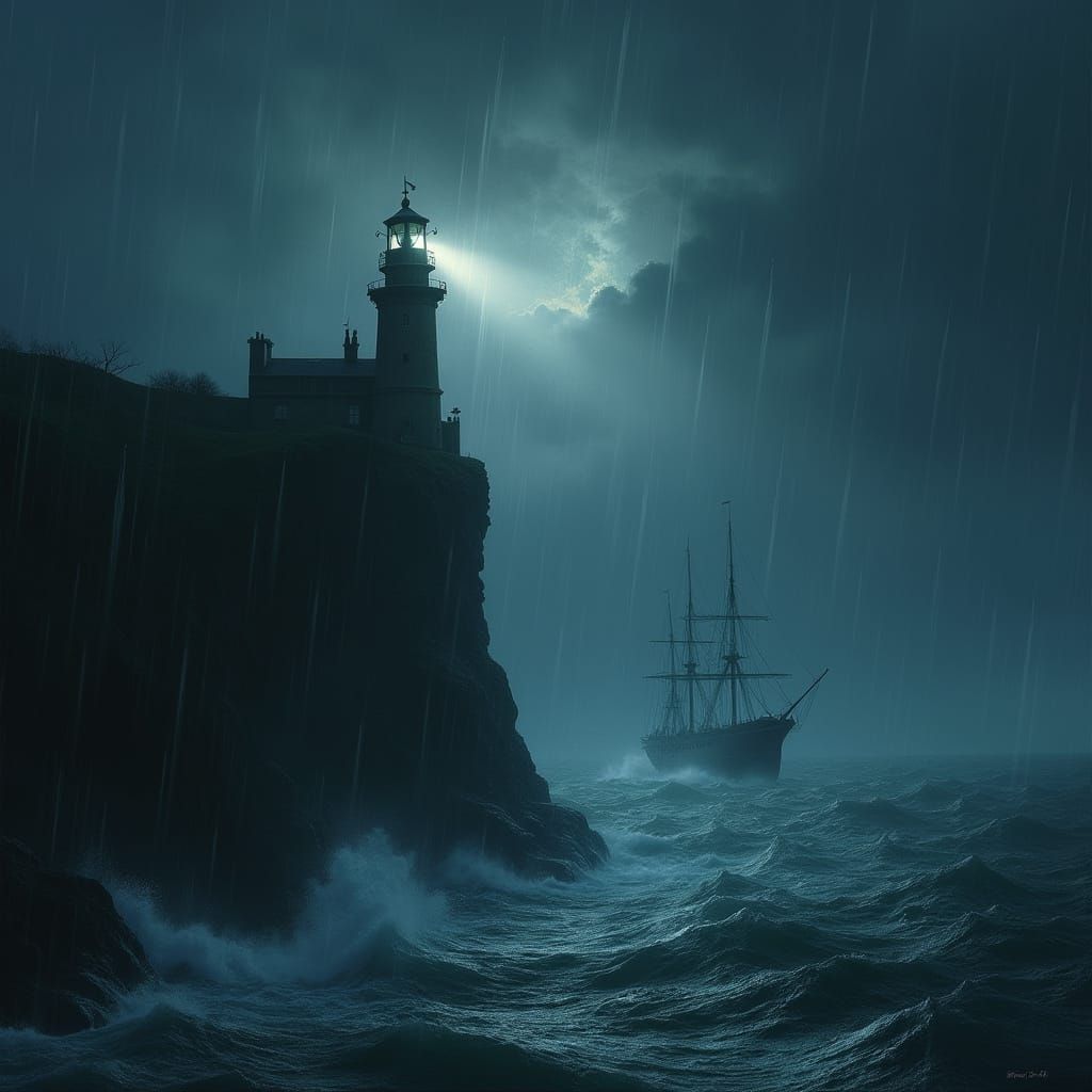 Gothic Lighthouse on Craggy Cliff in Stormy Night