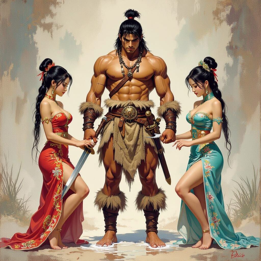 Barbarian Hero with Damsels in Frazetta Style