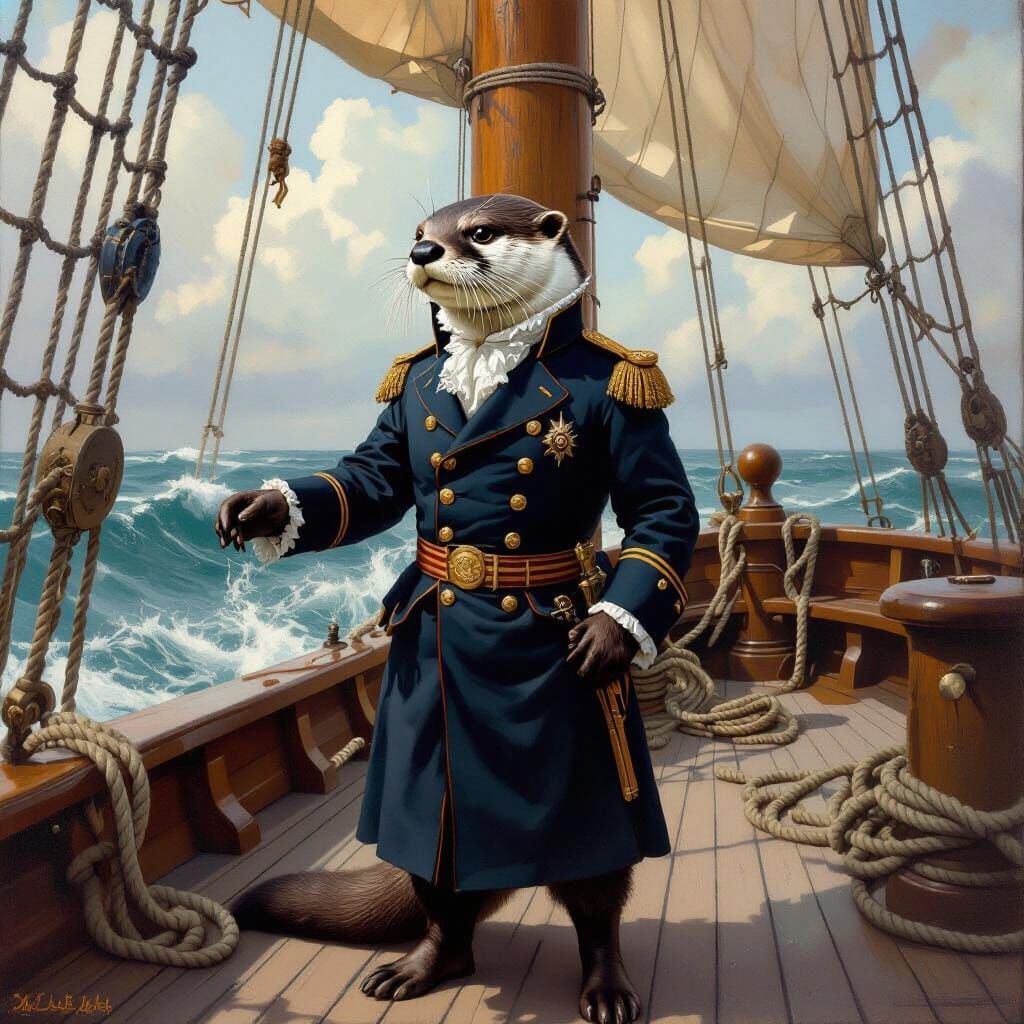 Detailed oil painting. Full shot. An anthropomorphic otter wearing a naval uniform stands on the deck of a ship, gazing ...