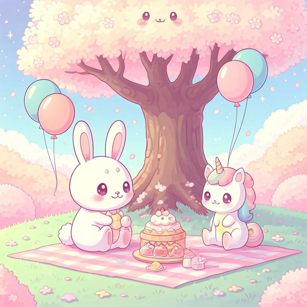 Kawaii Pastel Picnic with Bunny, Cat, and Unicorn