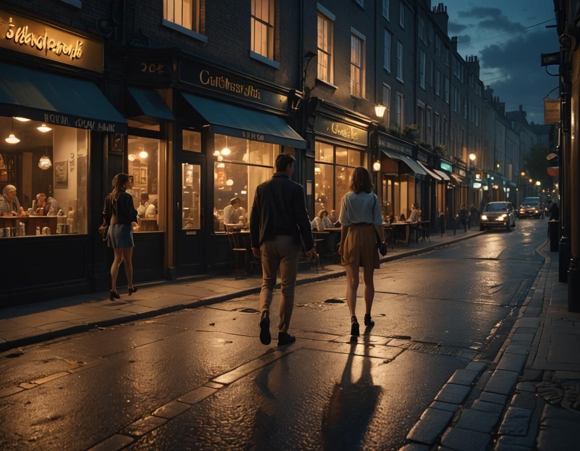 Deserted English Street Scene at Night in Digital Matte Pain...