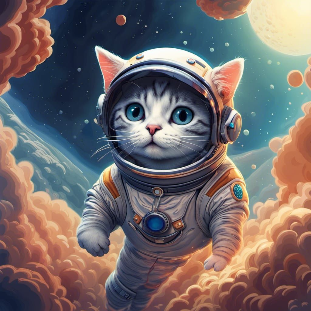 Cartoon Cat in Spacesuit Swimming in Sky