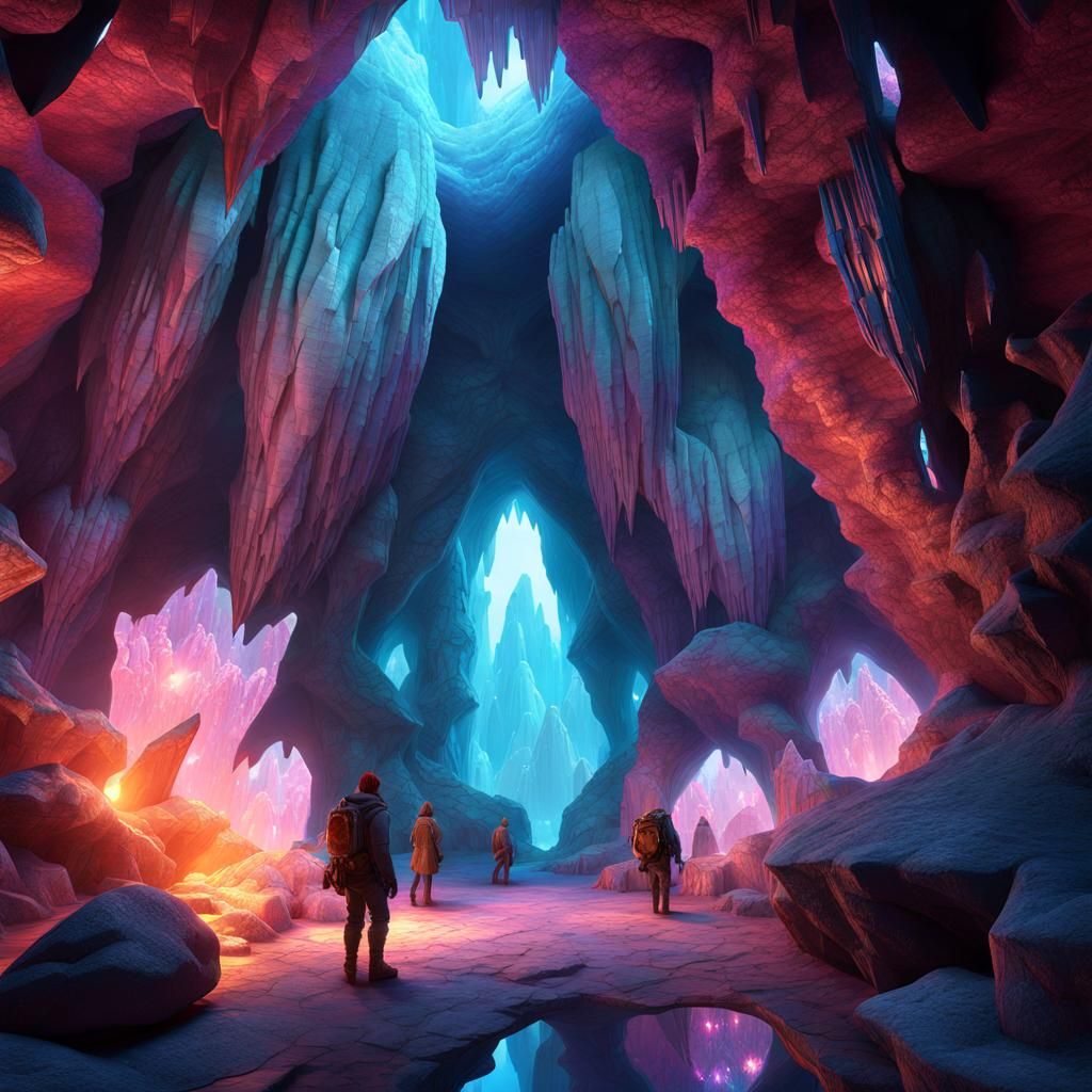 Fantasy Characters in a Crystalline Cave
