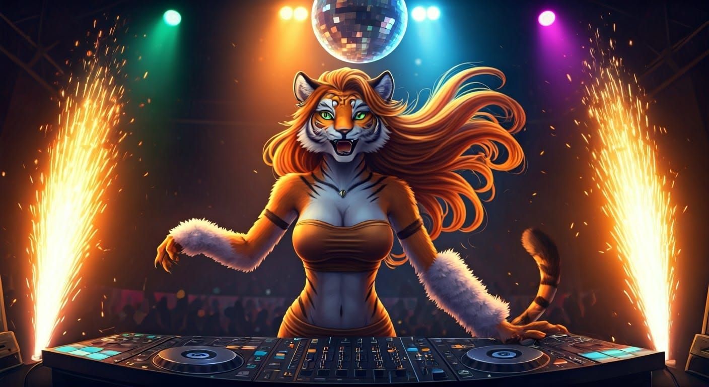 Cyberpunk Tiger DJ Unleashes Disco Magic
