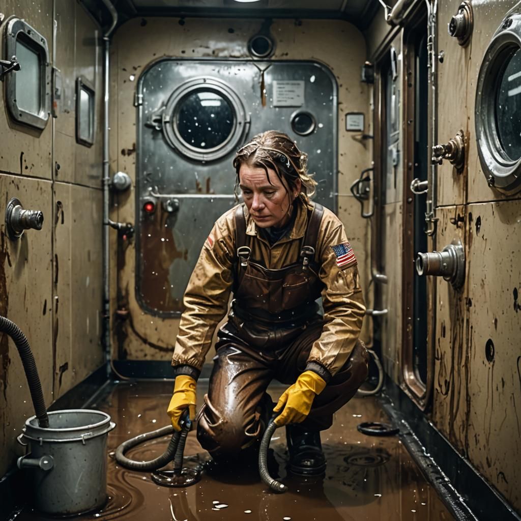 Exhausted Worker Cleaning Spacefreighter Restroom