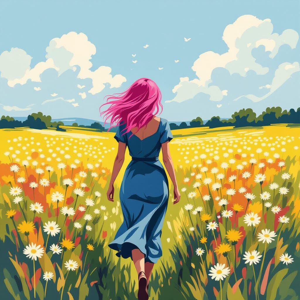 Pink-Haired Woman in Dandelion Field: Van Gogh Style