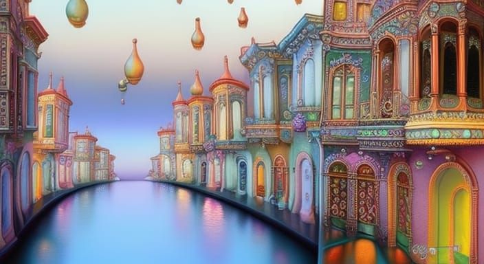 Whimsical Bubble Street in Magical Realism Style