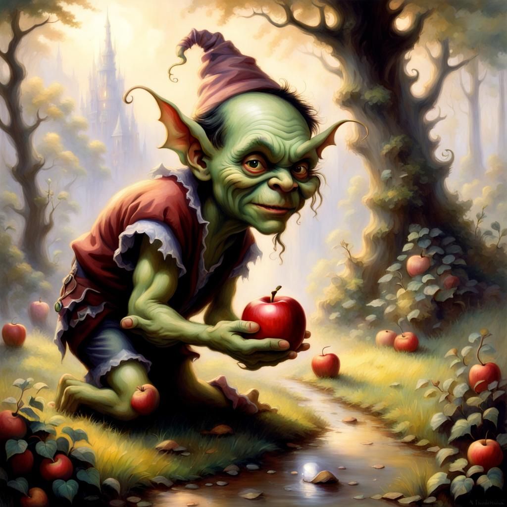 Ethereal Goblin with Apple in Hyperdetailed Fantasy Style