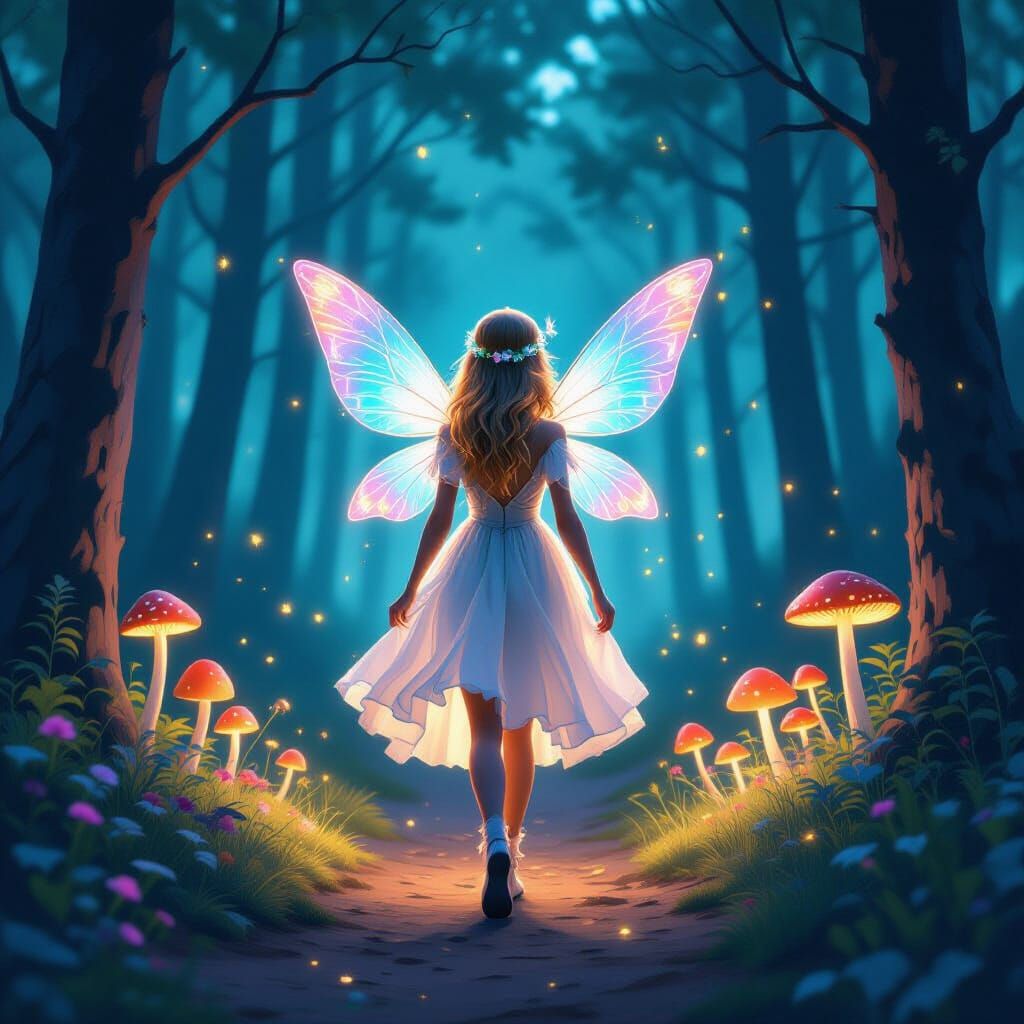 Luminous Elf in Neon Mushroom Forest