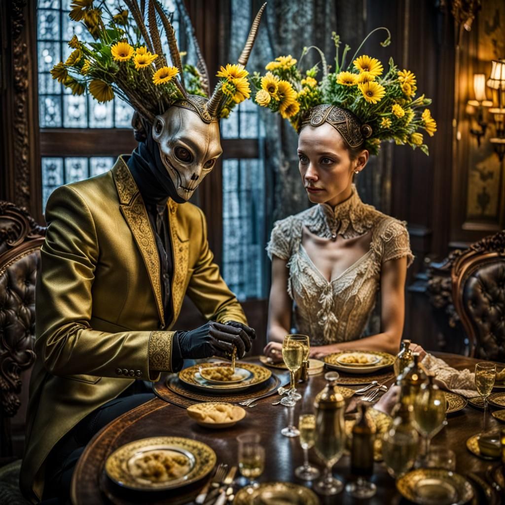 Surreal Alien Restaurant Celebration in Dreamy Style