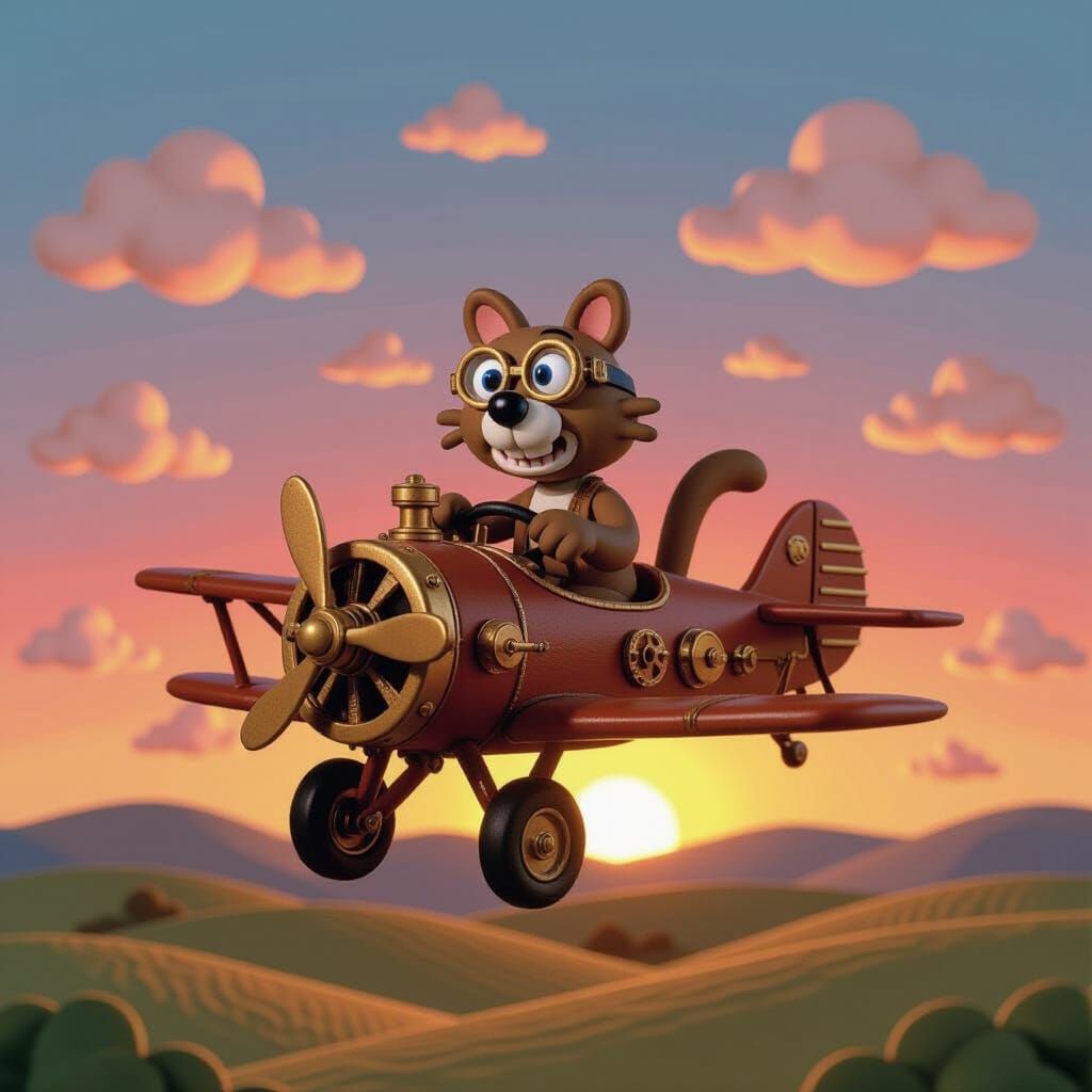 Bobcat Flies Steampunk Plane at Sunset in Claymation Style