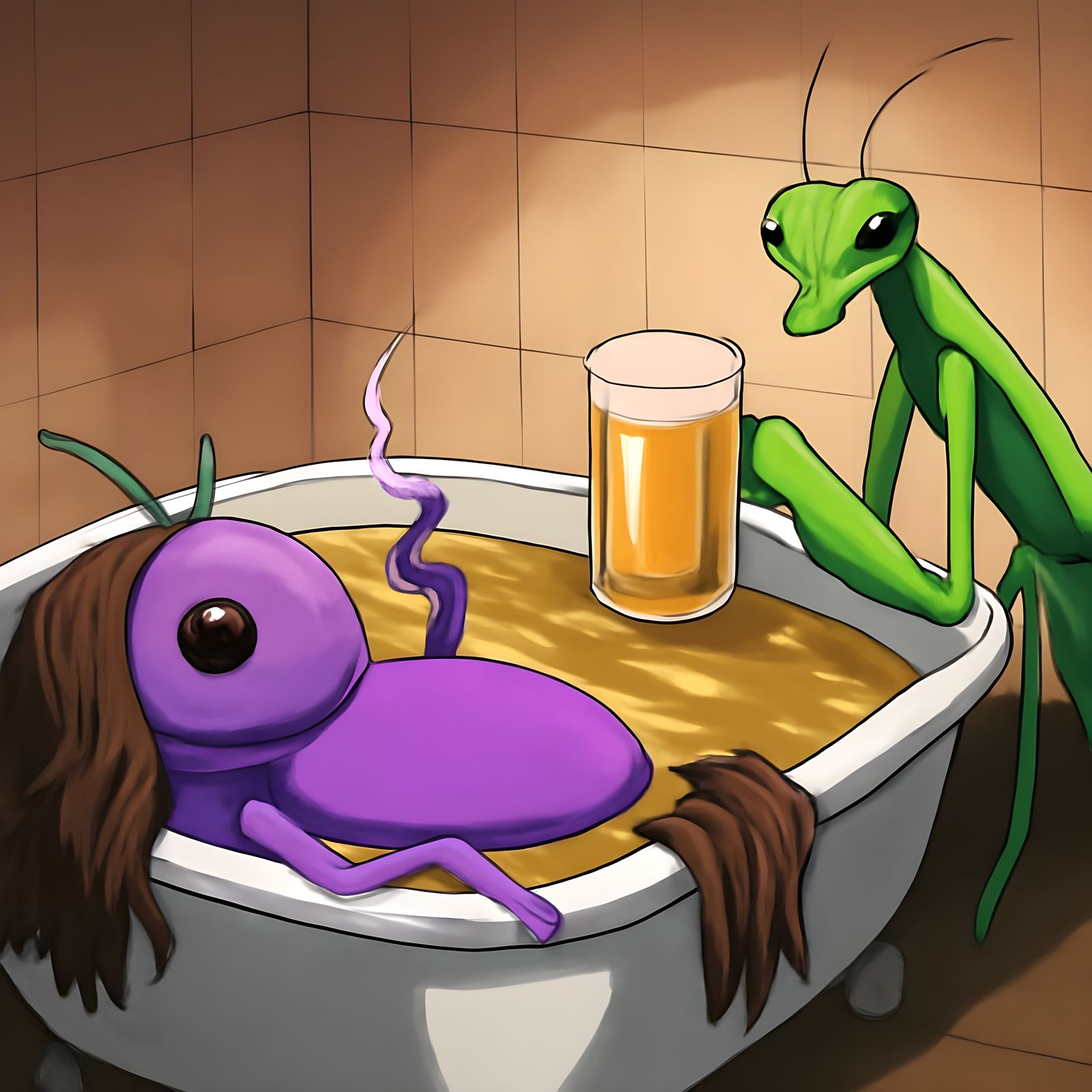 Bug Bathing with Praying Mantis, Anime Style