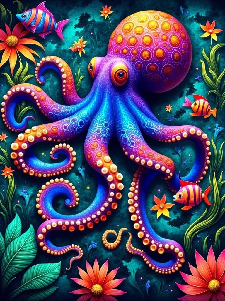 Vibrant Blue-Ringed Octopus in Motion, Neo-Dutch Baroque and...