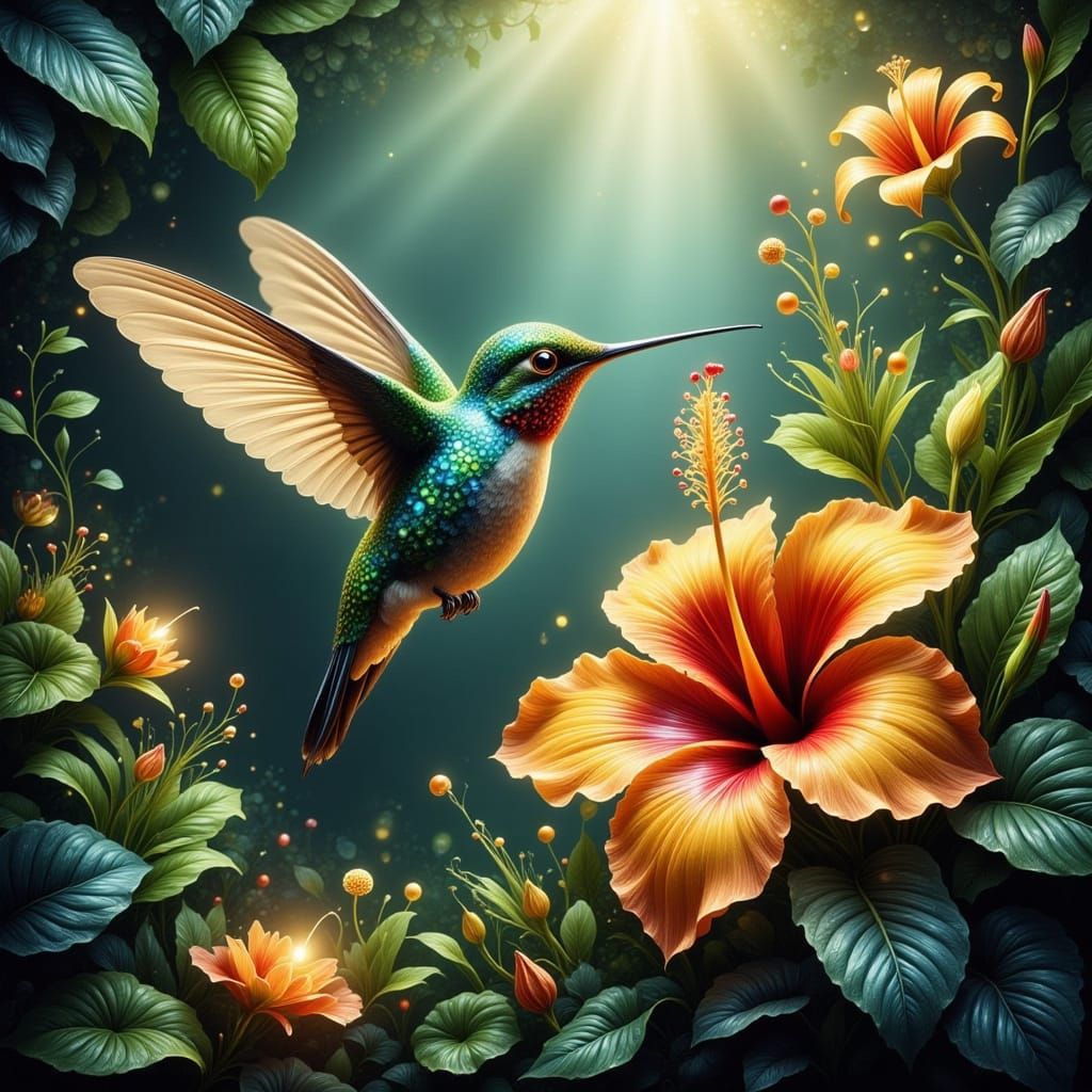 Hummingbird Sipping Nectar in Hyperrealistic Gouache Style