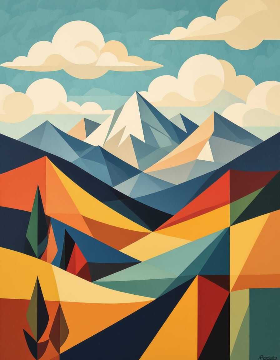 Geometric Landscape with Overlapping Cubist Elements