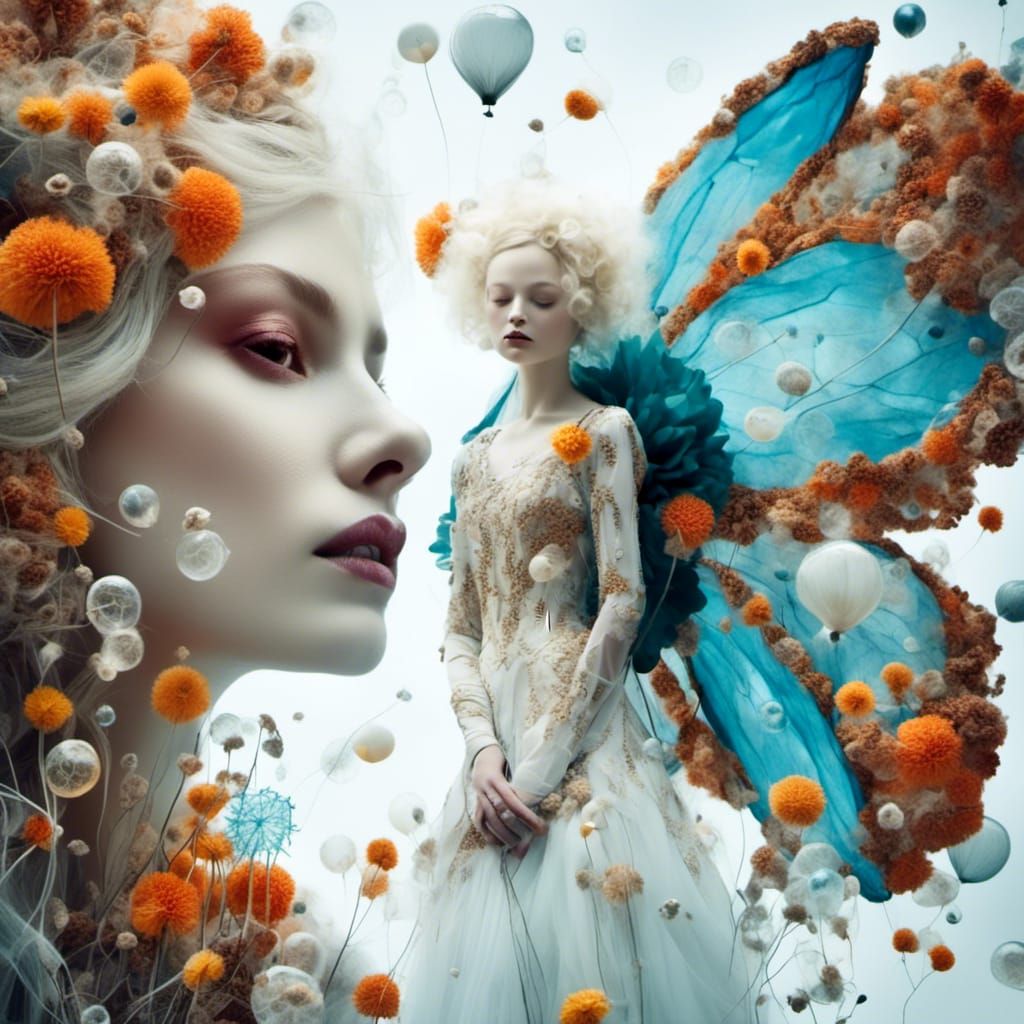 <lora:WhiteDandelion:1.0> Surrealistic dreamscape. Medium shot. Winged fairies wear ornate Victorian dresses, making wis...