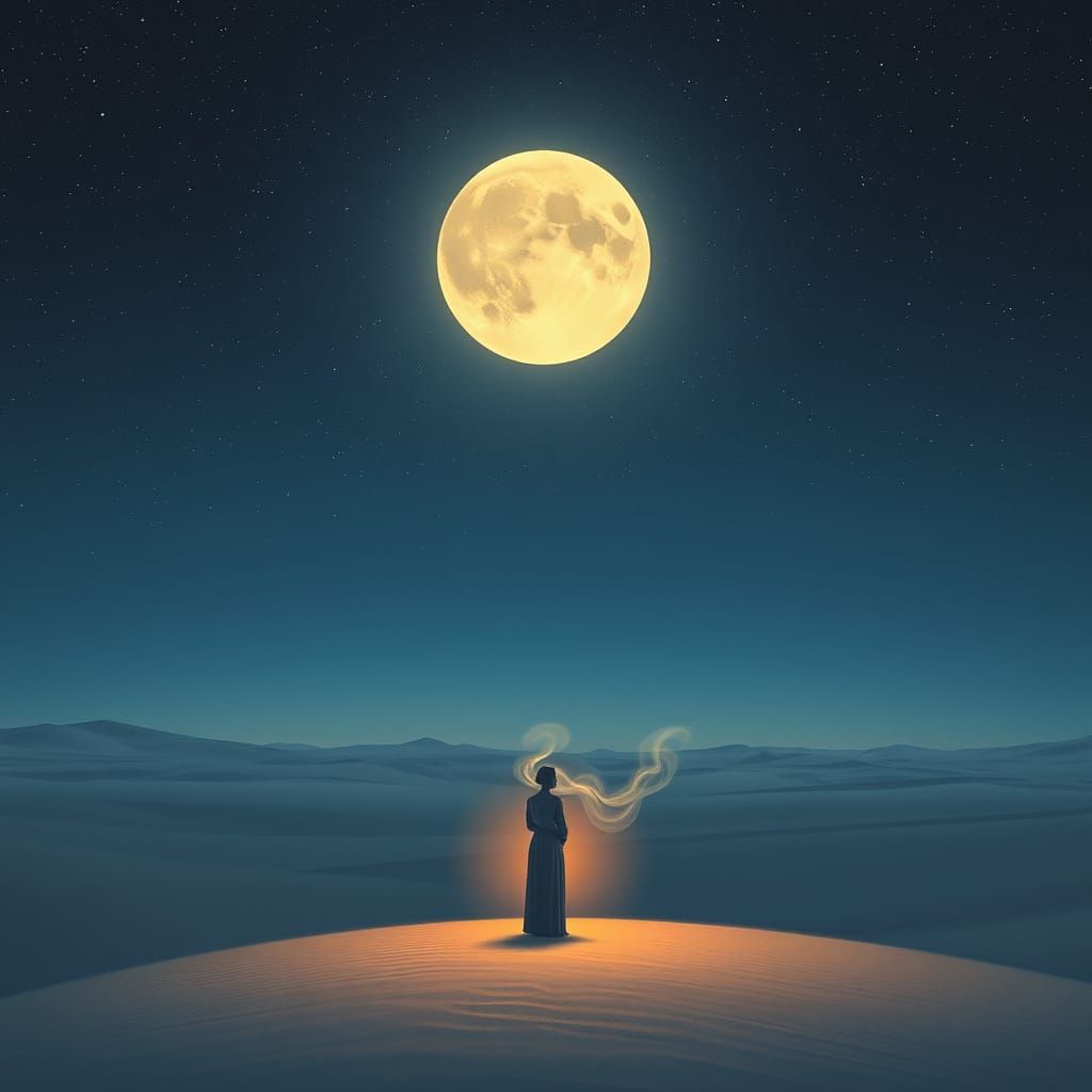 Surreal Desert Figure in Moonlit Night Sky