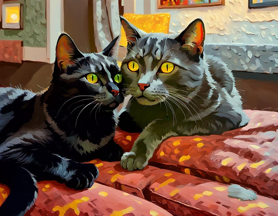 Cozy Cats Cuddling: Neo-Impressionist Oil Painting