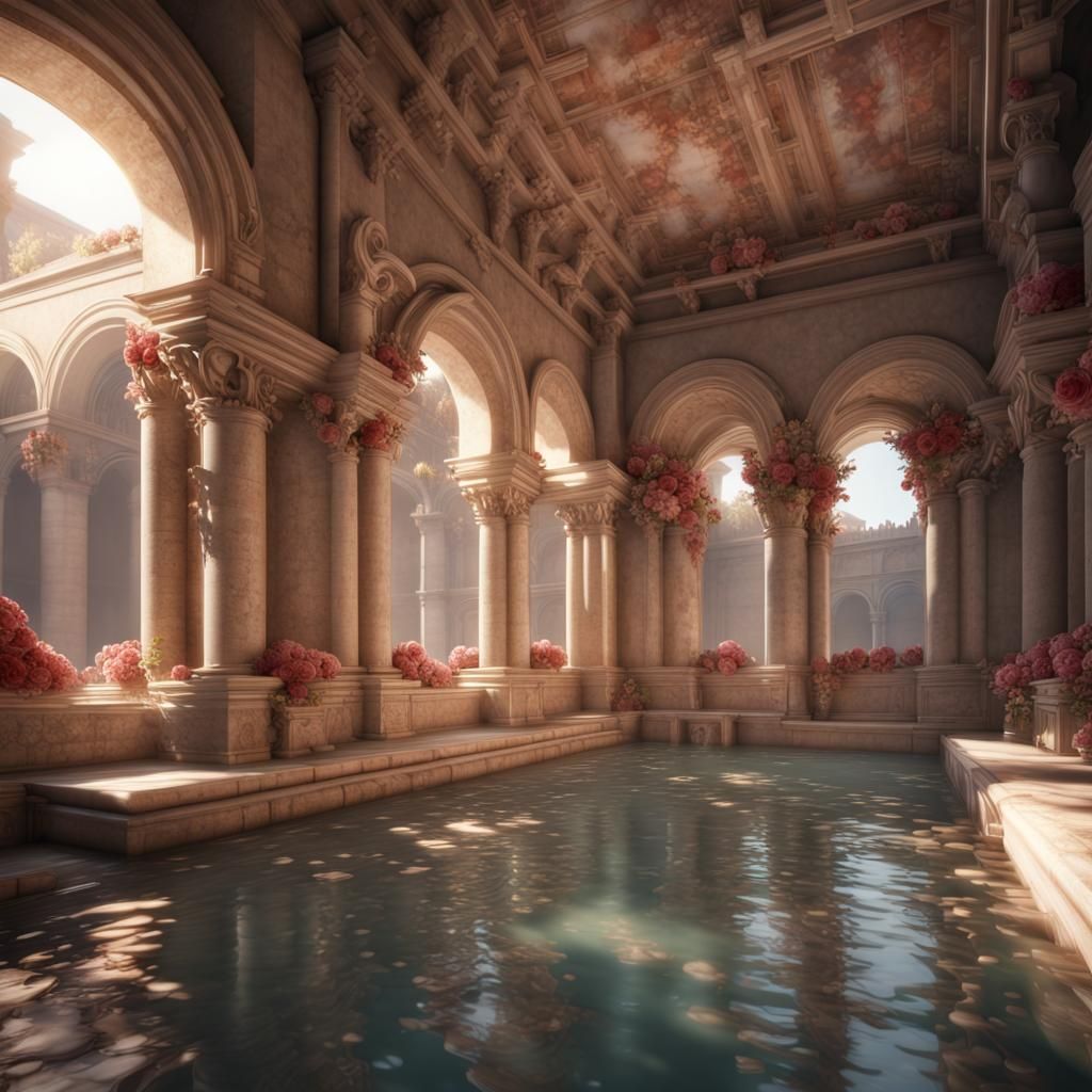 Open Roman Bath with Roses in 3D Cinematic Style