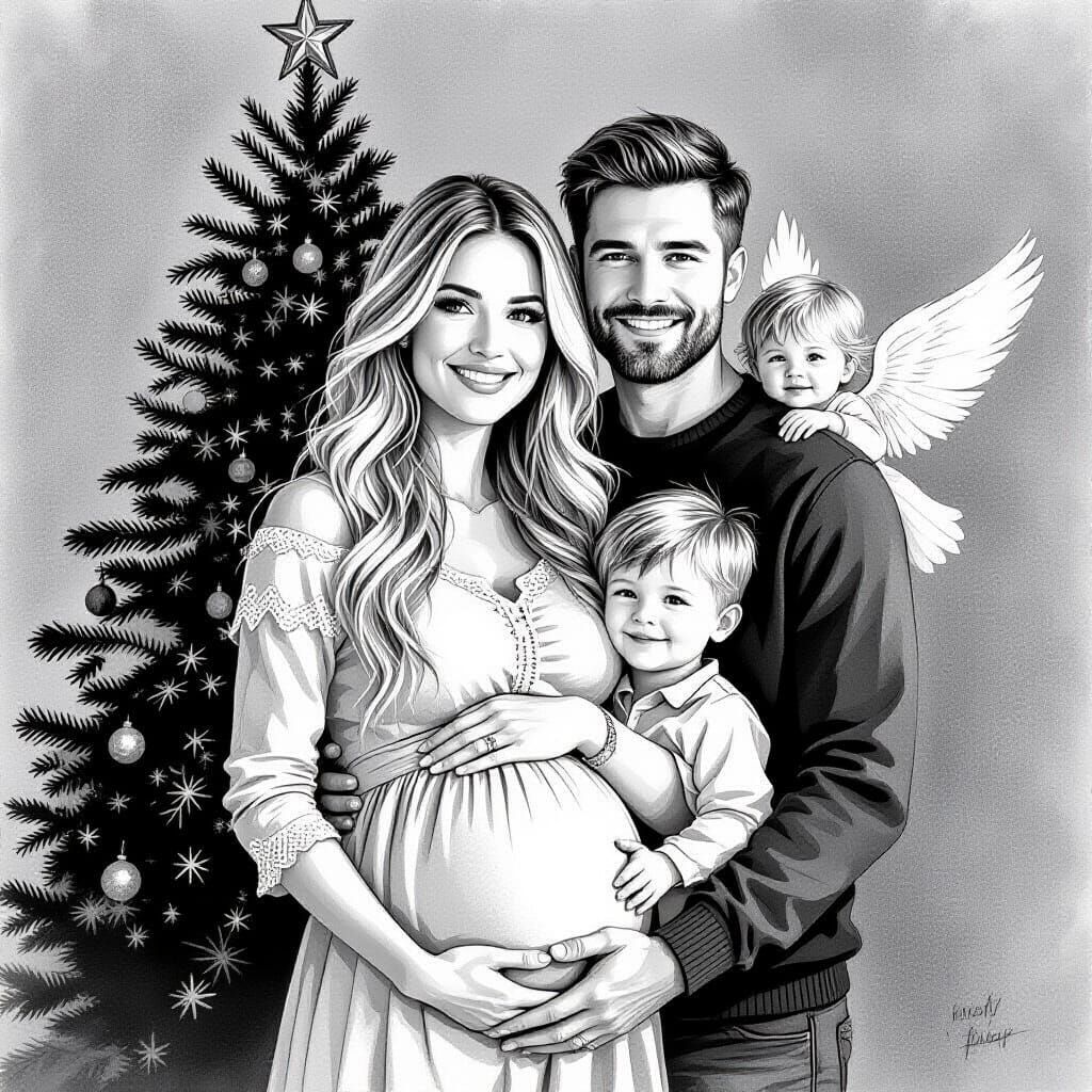 Black and White Drawing of Pregnant Woman