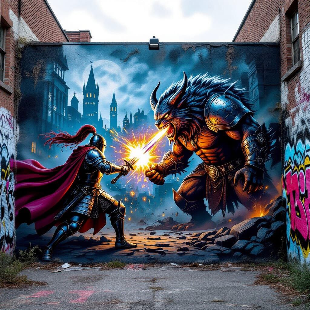 Epic Knight Versus Beast Mural in Airbrush Style