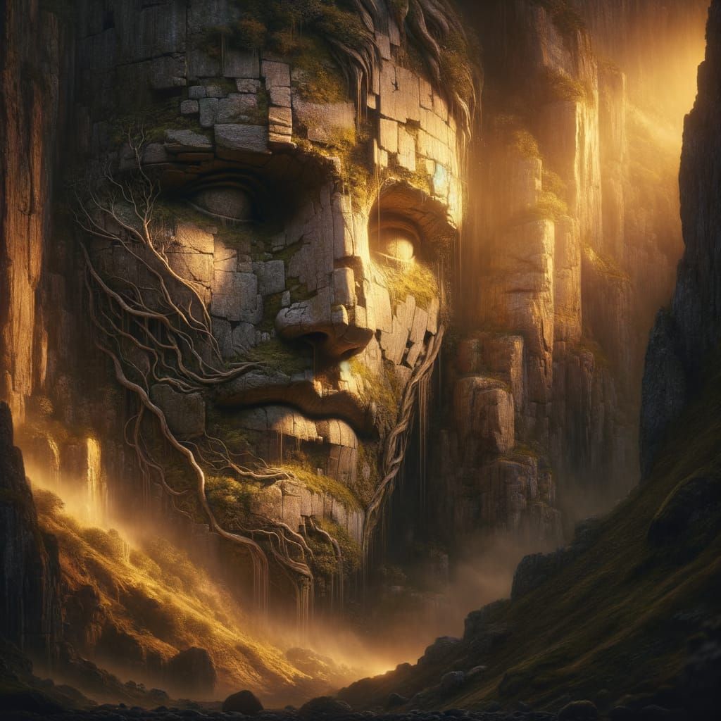 Ancient Giant Unearthed in Cliffside Impasto Painting