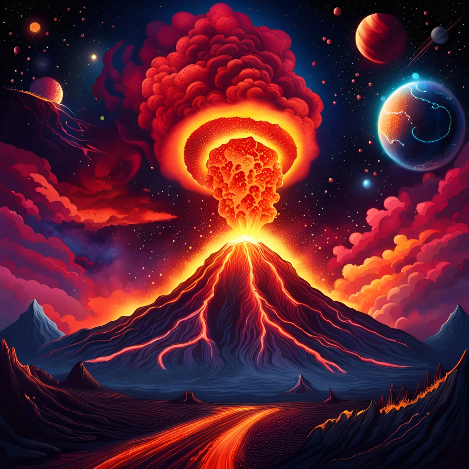 Volcanic Eruption Under Psychedelic Skies