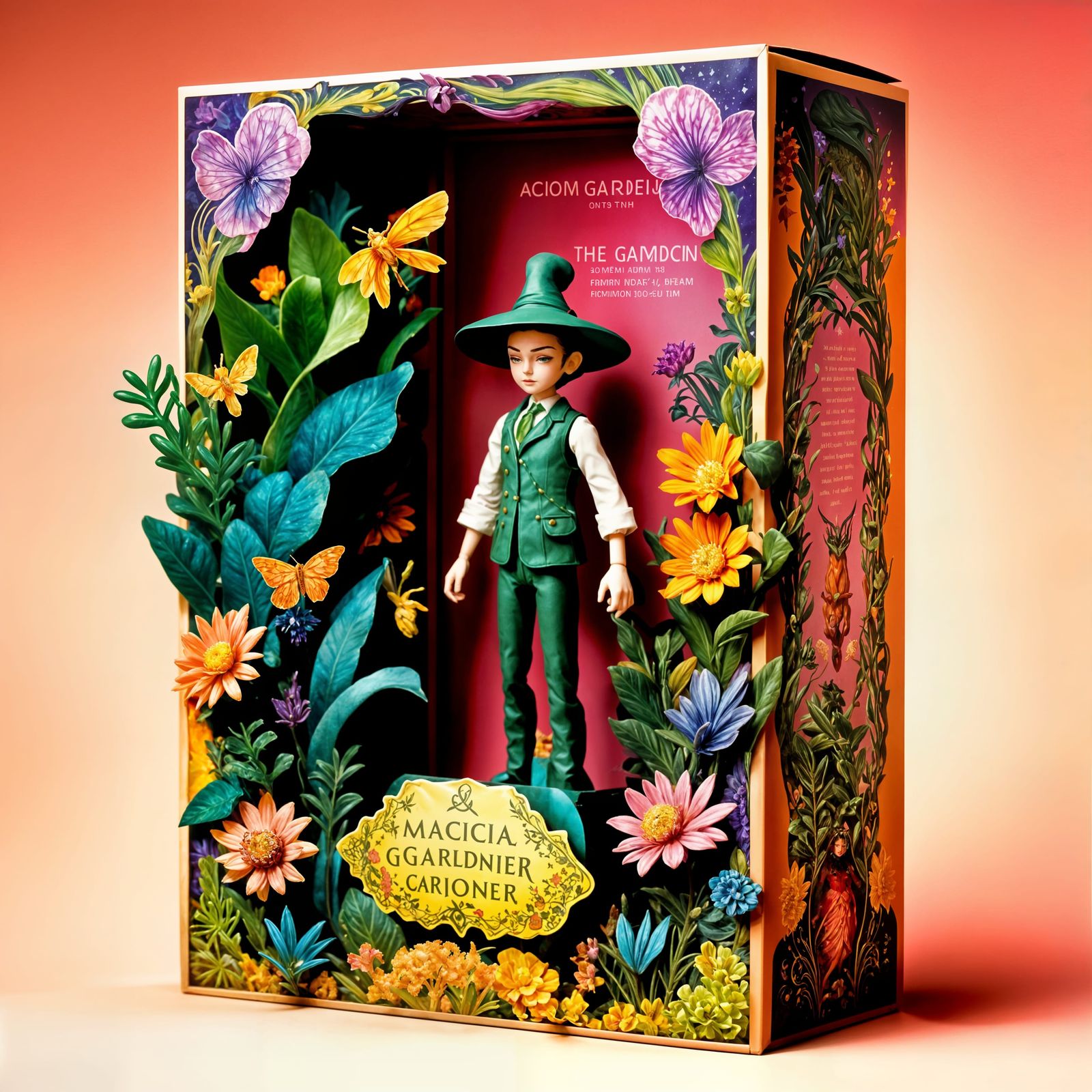 Action figure box, a magical gardener action figure, posed dramatically with glowing botanical accessories. The box is a...