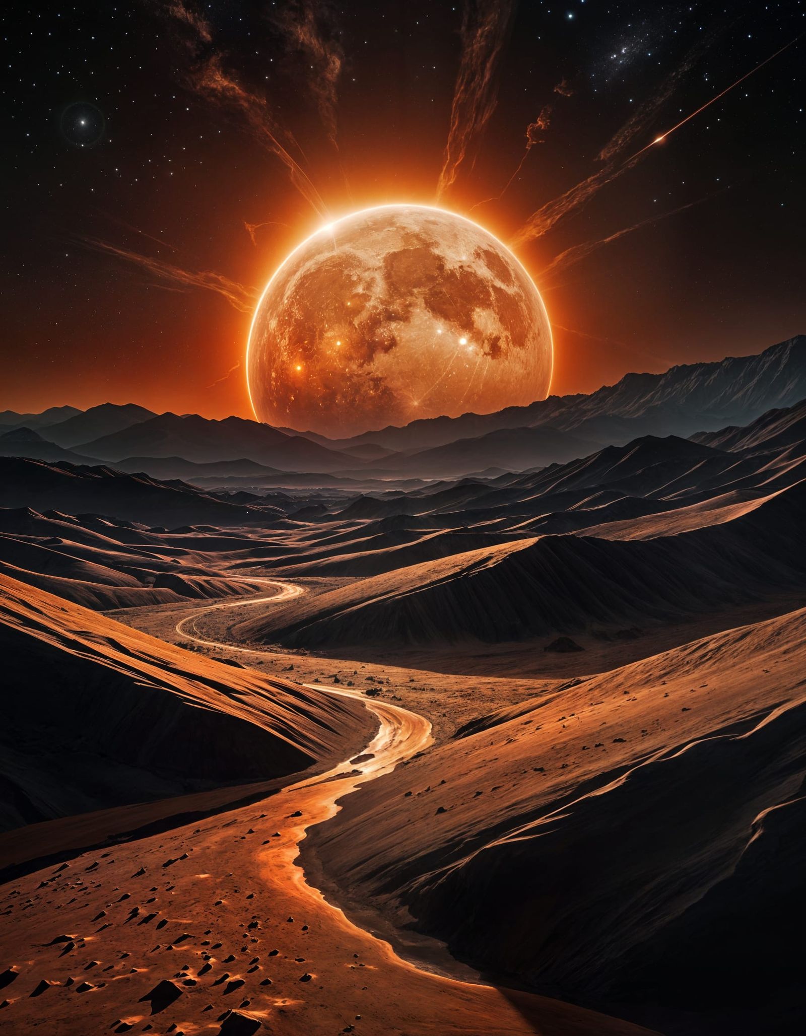 Dark Sci-Fi Planetscape with Fiery Celestial Event