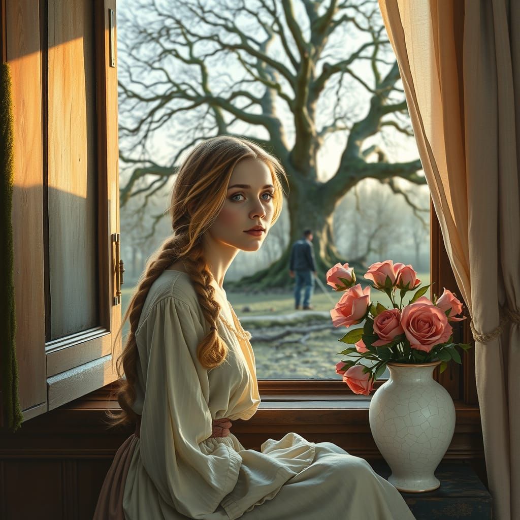 Young Woman Contemplates Felled Oak in Soft Watercolor Light